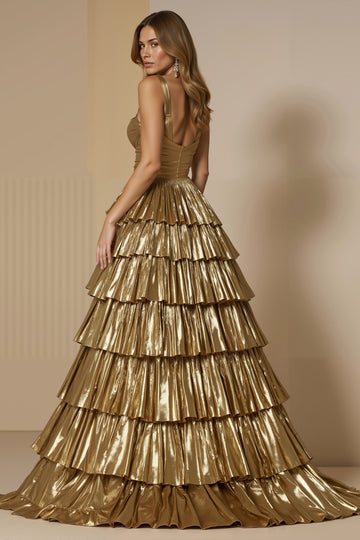 Metallic Golden A Line Tiered One Shoulder Prom Dress With Slit